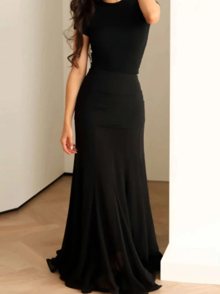 

Bodycon Mesh Maxi Skirt Set Ruffled Women's Solid Short Sleeve Shirt High Waist Ruched Sheer Skirts Summer Evening Party Dress