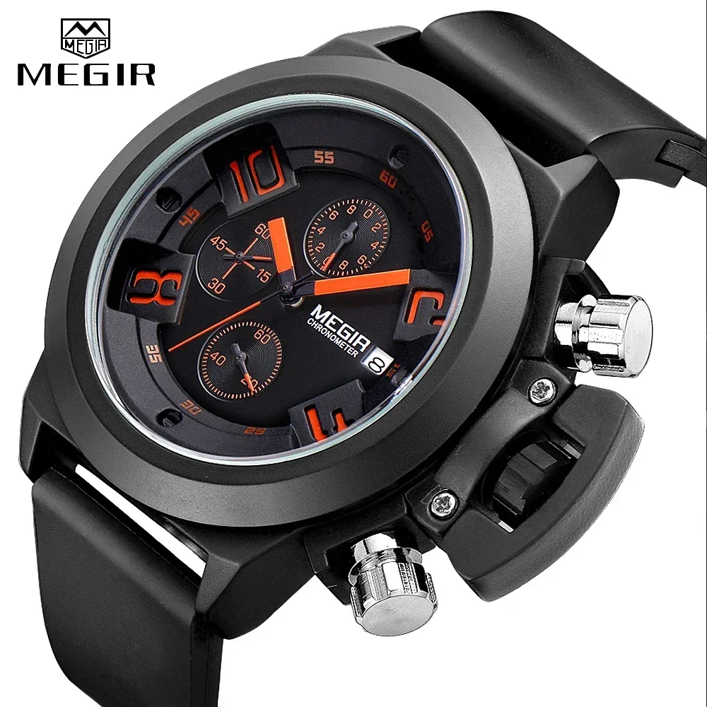 MEGIR 3D Engraved Dial Clocks Sports Quartz Men's Watches Black Silicone Waterproof Military Chronograph Male Wristwatch