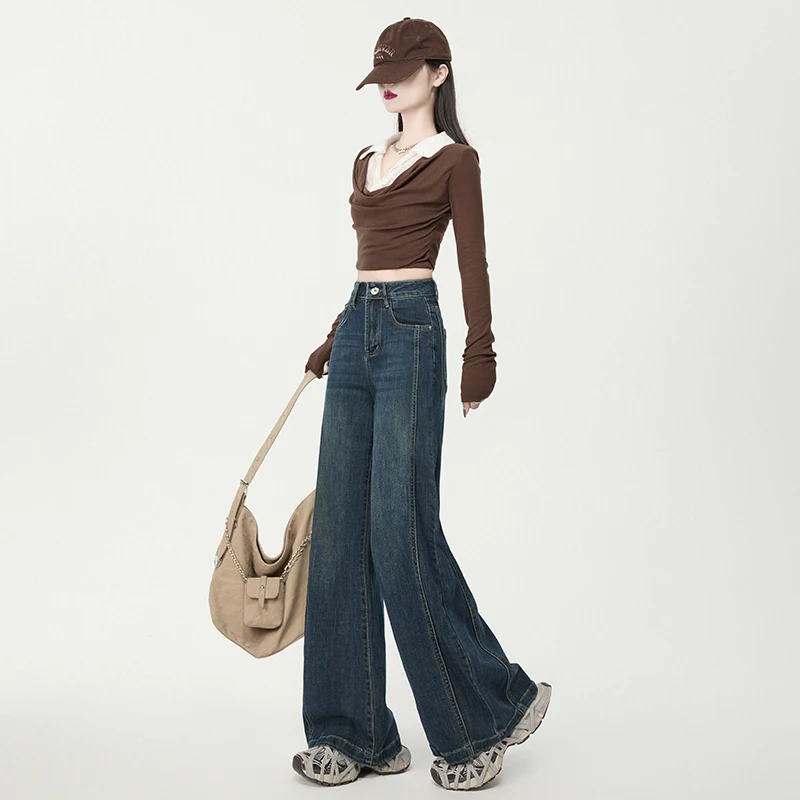 

Темно-синие прямые джинсы Bell Bot с высокой талией в стиле ретро, свободный крой, осень-зима, большие размеры, женские длинные брюки Faion