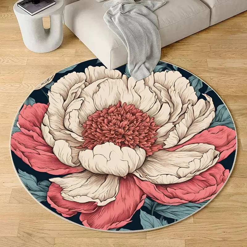 Runde Teppiche mit Vintage-Blumenmuster, Pfingstrose, Pflanzen-Illustration, Kunstteppich, weich, rutschfest, saugfähig, Heimdekoration, Matte für Büro und Küche