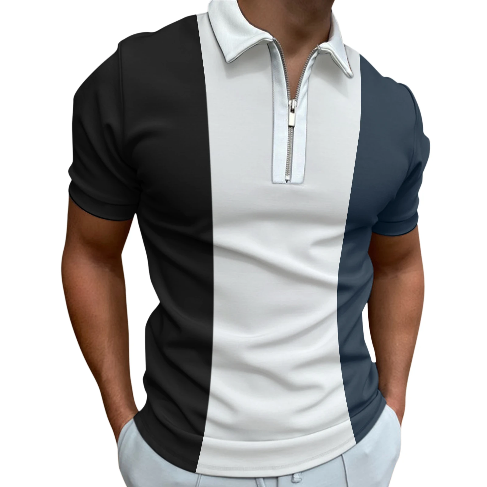 Men\'s Solid Color Striped Polo Shirt Short Sleeve Golf Turn-down Collar Zipper Polo Shirt&for Men Casual Streetwear Summer Tops