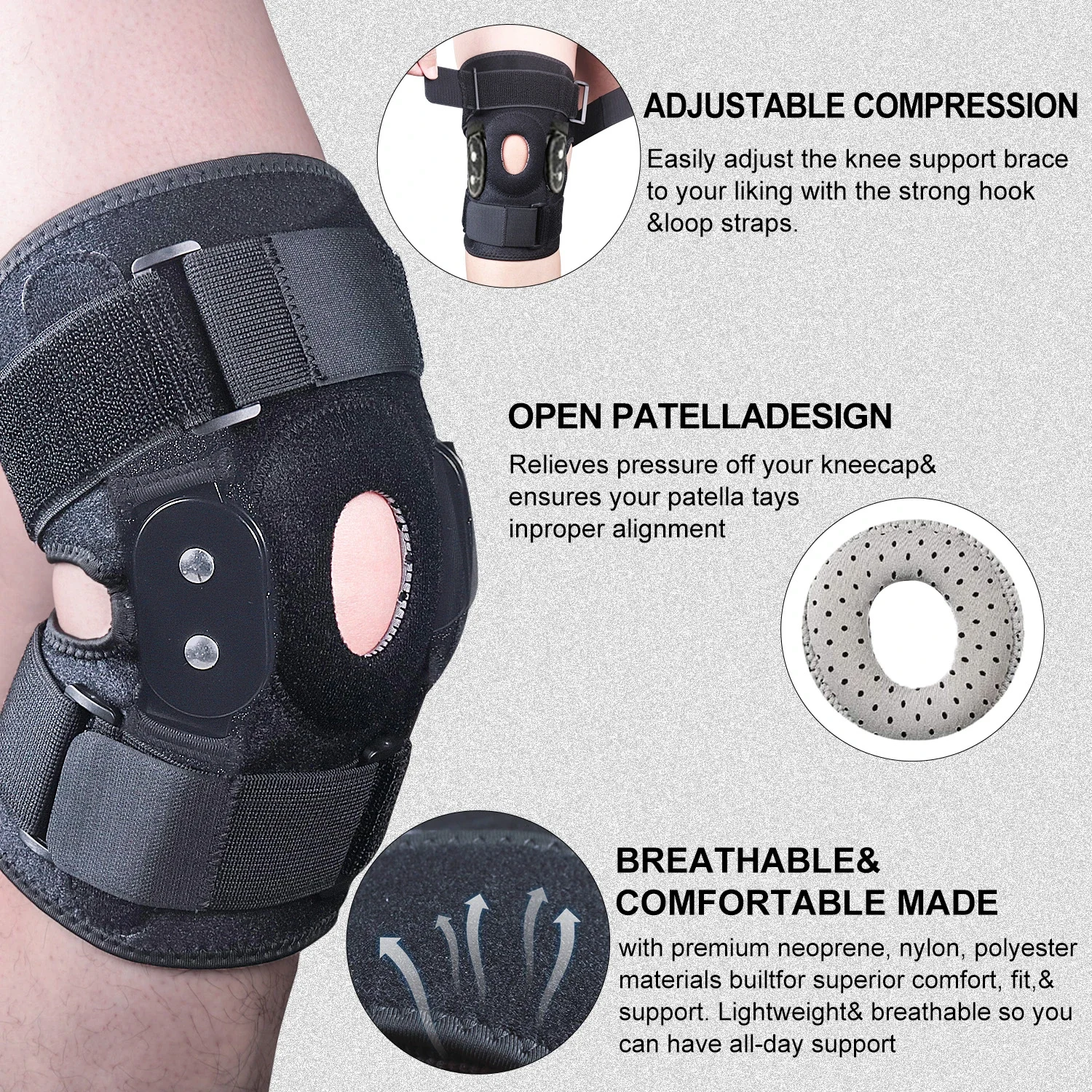 Rodillera ajustable con bisagras, envoltura de soporte de rodilla para desgarro de menisco, alivio del dolor de rótula, Protector de fijación de articulaciones de rodilla para correr, 1 unidad