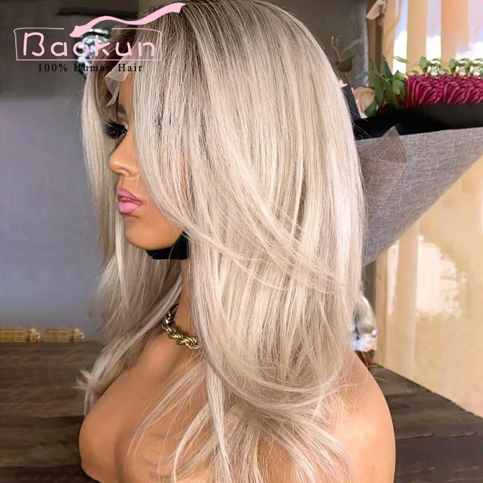 Ash Blonde HD Lace Frontal Wig para Mulheres, Perucas de Cabelo Humano, Peruca Destaque Marrom, Onda Do Corpo 360, 13x4