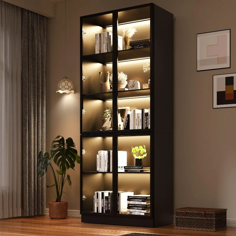 Wooden Display Storage Cabinet with Glass Door, LED Lights,Showcase for Collections, Perfume, Vinyl Albums, Bookcase