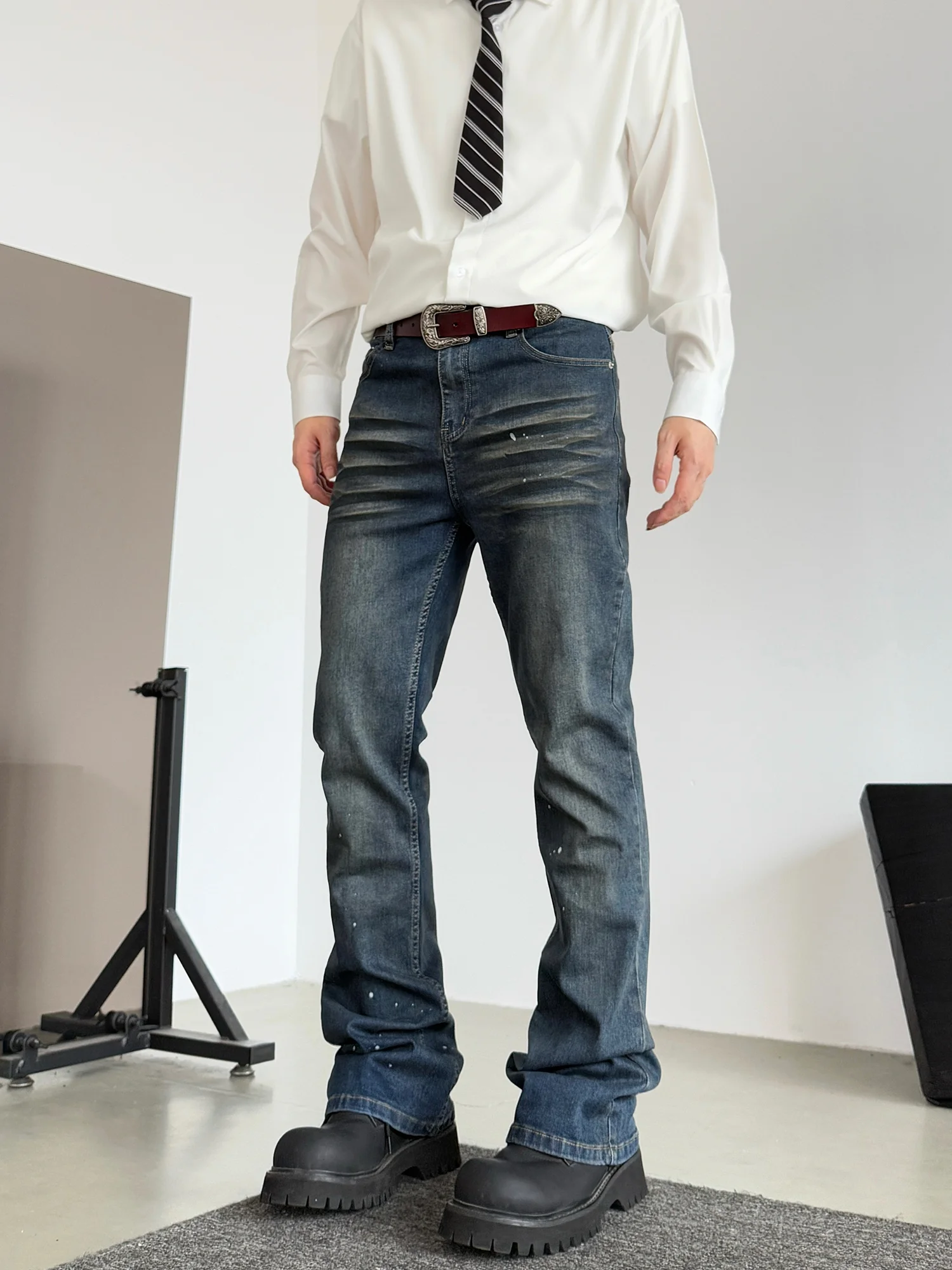 

Elastic Light Blue High Waist Slim Fit Jeans Distred Design High Rise Micro Flared Denim Pants Men's Women's Casual Wear
