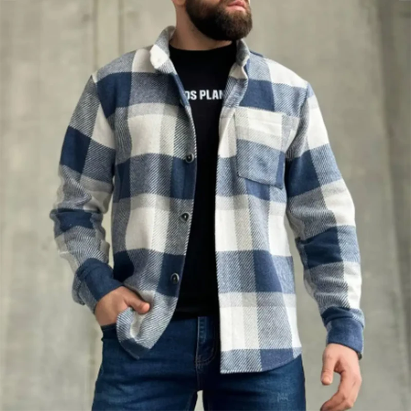 Autumn Fashionable Woolen Plaid Shirts Mens Casual Turn-down Collar Buttoned Long Sleeve Cardigans Men Vintage Woolen Shirt Tops