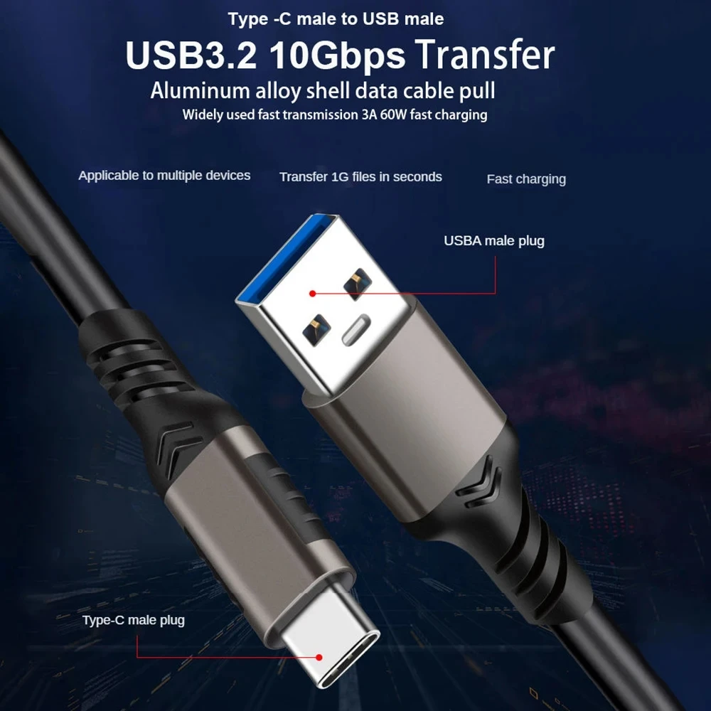 USB3.2 Gen2 10Gbps Cable USB 3.0/3.1/3.2 Cable USB A to USB Type C Data Transfer SSD Hard Disk Cable 3A 60W QC 3.0