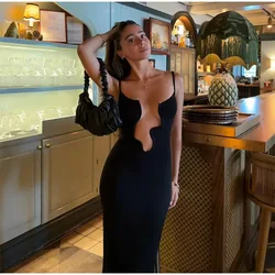Female Elegant Bodycon Sleeveless Beach Lady Vestidos Hollow Out Slip Midi Dress Fashion Deep V neck Maxi Dress For Women 2024