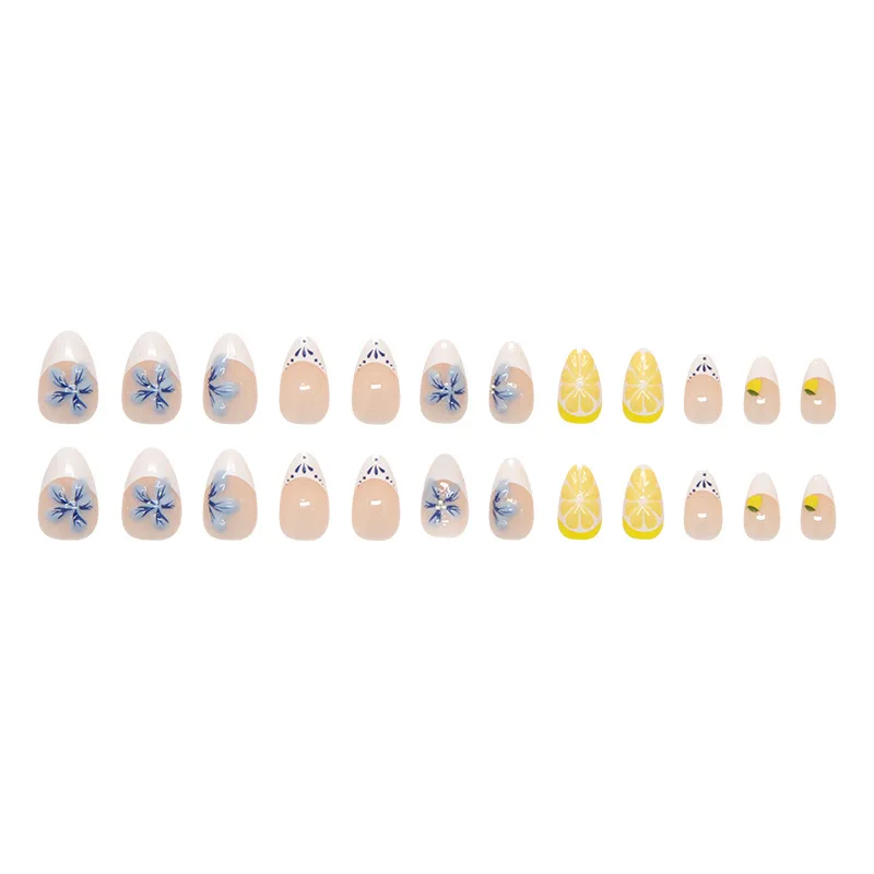 24 Pcs Nail Tips 3d Blue Flower Press on Nails French Short Almonds False Nails with Design Cheap self-adhesive Sticky Nails Set