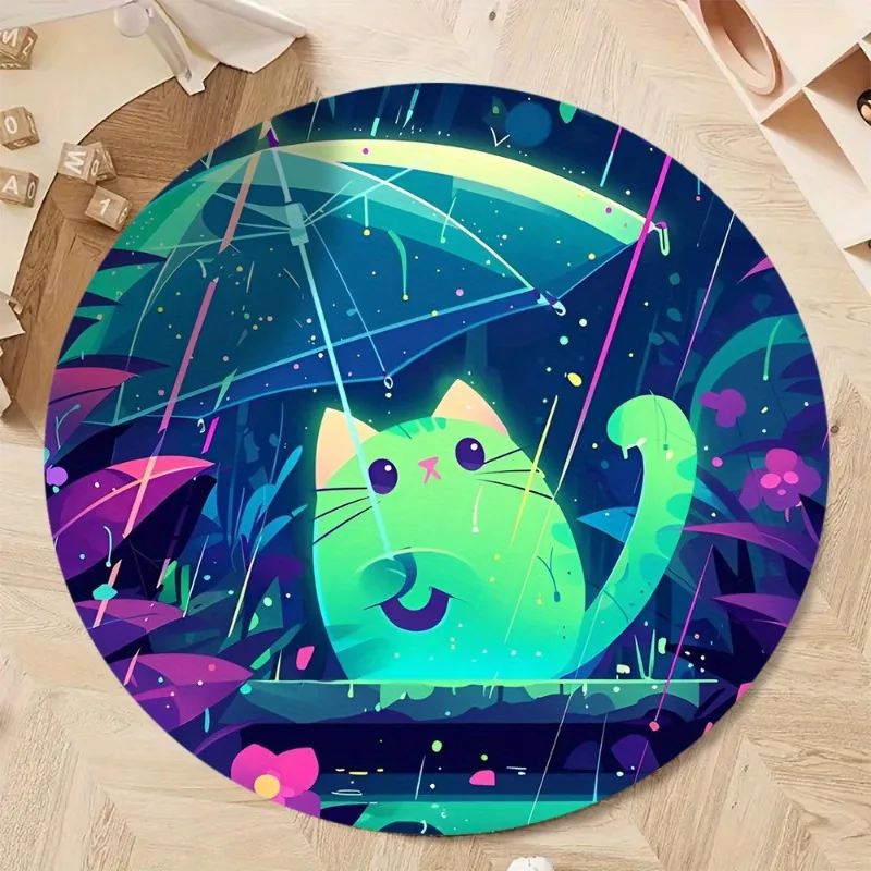 Rainbow Cat Umbrella Round Rug Flannel Whimsical Kids Playroom Floor Mat Nursery Decor Gift