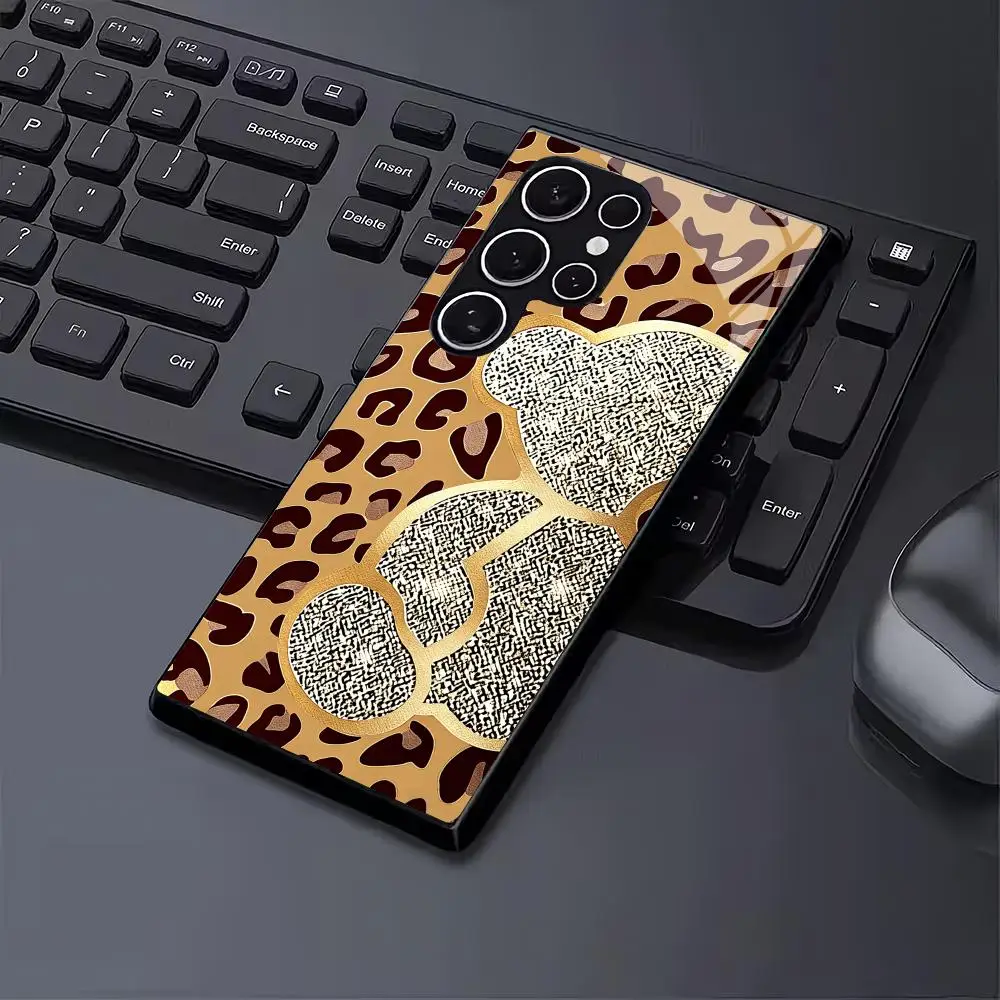 Leopard Print Bear Tempered Glass Phone Case  for Samsung S26 25 24 23 22 21 20Plus/Ultra/FE anti drop and shockproof Full cover