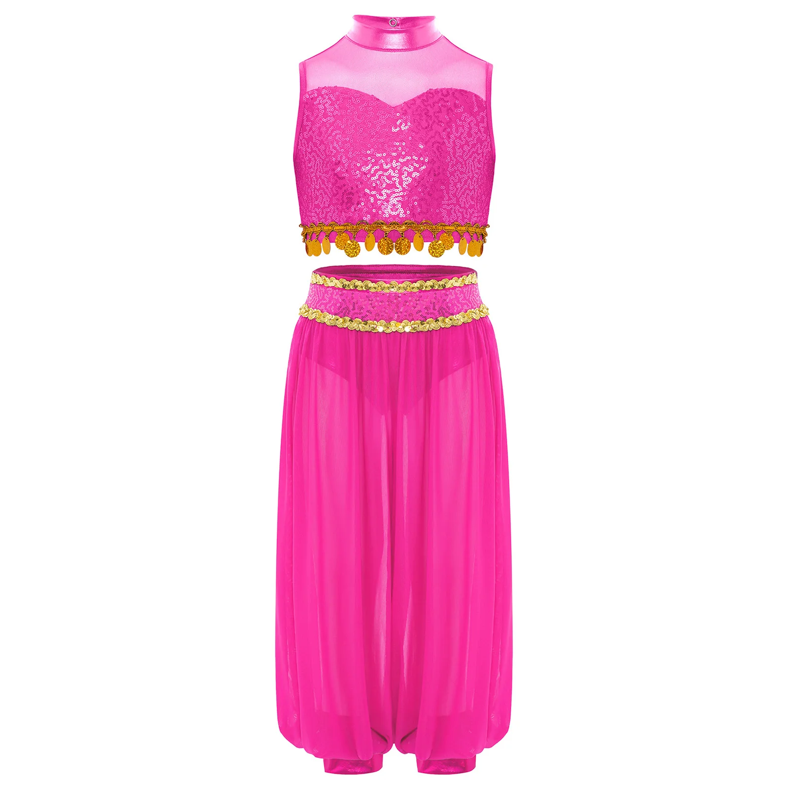Kids Girls Belly Latin Dance Costume Modern Ballroom Dance Outfit Set Sheer Mesh Patchwork Sequin Crop Top And Bloomers Pants