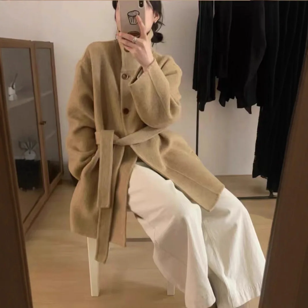 2025 New High-end Stand-up Collar Double-sided Cashmere Wool Coat for Women's Medium and Long Small Woolen Coat for Women