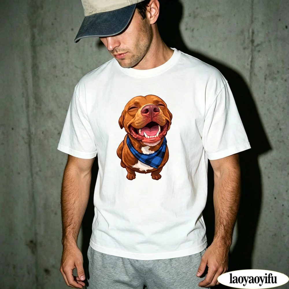 Cartoon Dog Humor Style Laughing Expression Blue Bandana White T-Shirt Crew Neck Short Sleeve Relaxed Fit Unisex Breathable Summ
