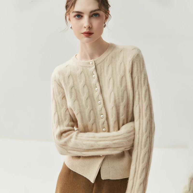 Damski sweter kardigan ze 100% kaszmiru, prosty dekolt okrągły, guziki z perłami, jesień-zima, miękki, ciepły, dzianina kaszmirowa, eleganckie bluzki do biura.
