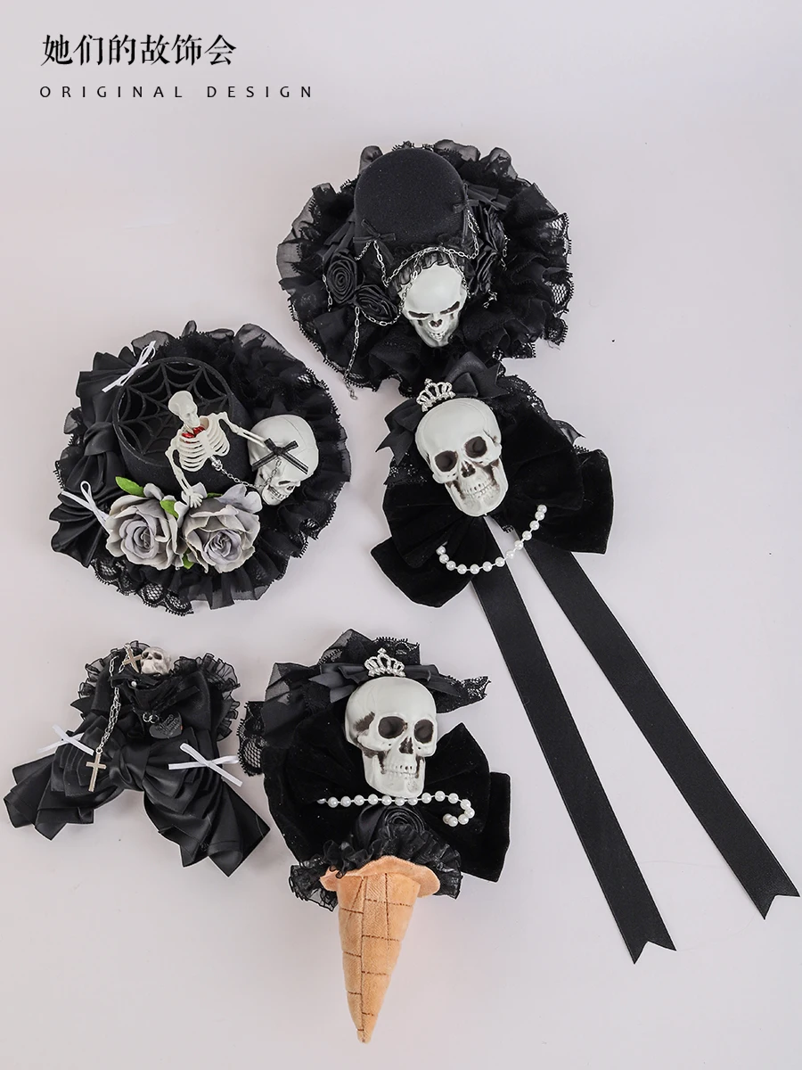 

Аксессуары для волос Goth костюма Хэллоуина комикс-кон головной убор заколка для волос с бантом и черепом ручная работа мелкие вещи