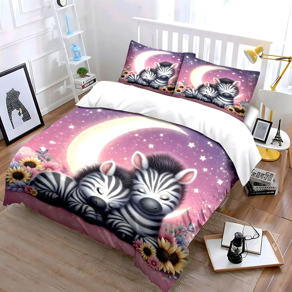 Dreamy Zebras Cuddling Together Duvet Cover Set with 3D Printing Design Soft Polyester Bedding Set All-Season Comfort