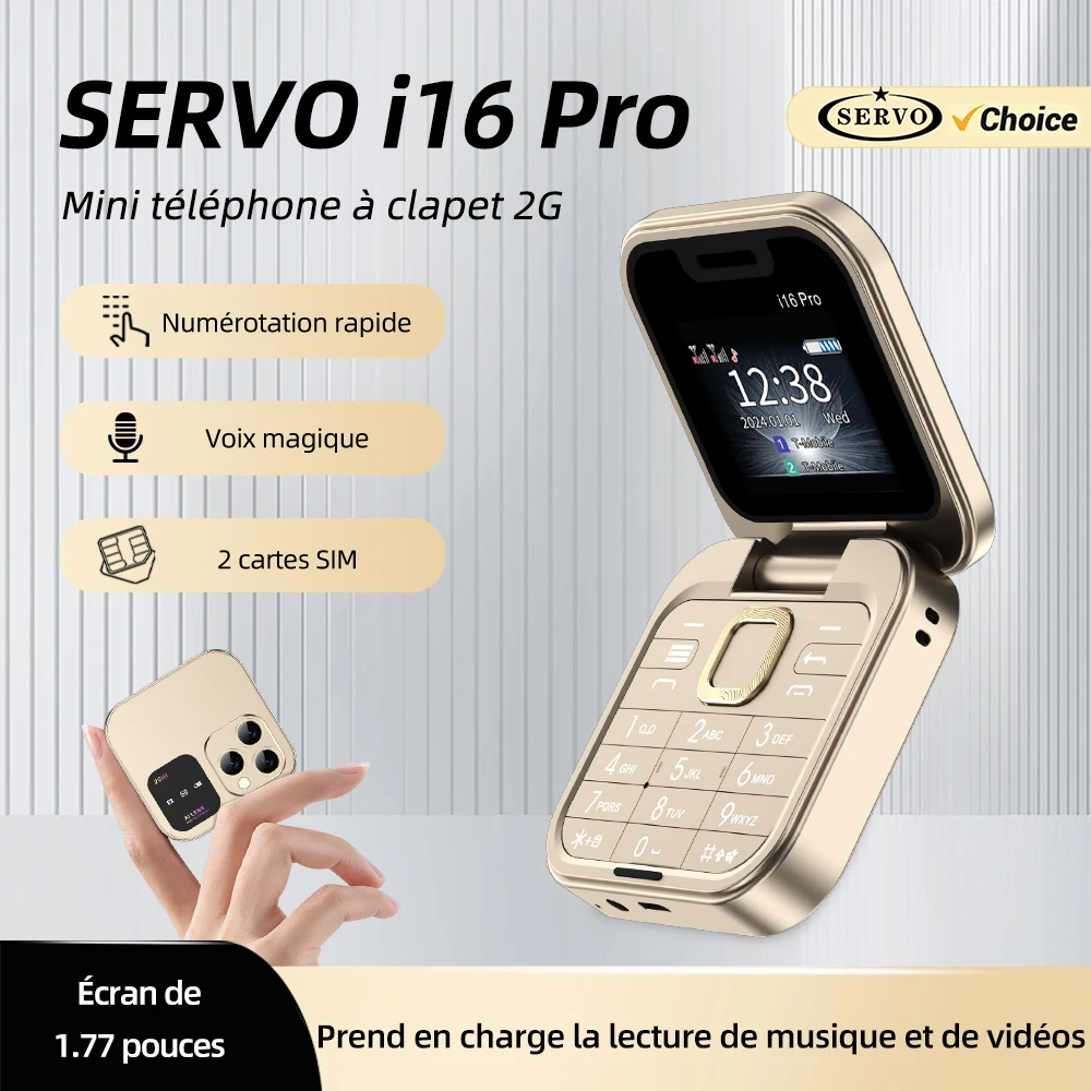 SERVO i16 PRO Téléphone portable pliable à clapet, écran 1,77'', double SIM, voix magique, numérotation rapide, radio FM, prise audio 3,5 mm, mini téléphone portable