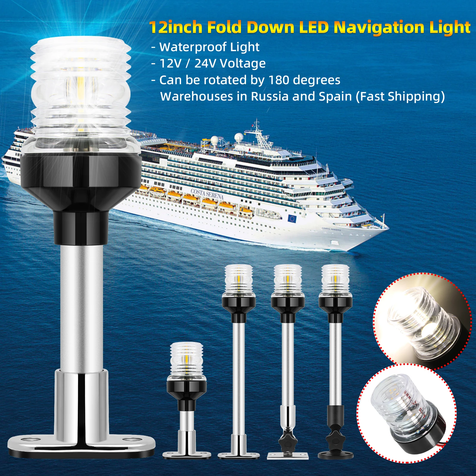 Fold Down LED Boat Navigation Light 360 Degree 6/12/22inch Sailing Signal Light Anchor Light  For Yacht Marine Boat 12V 24V