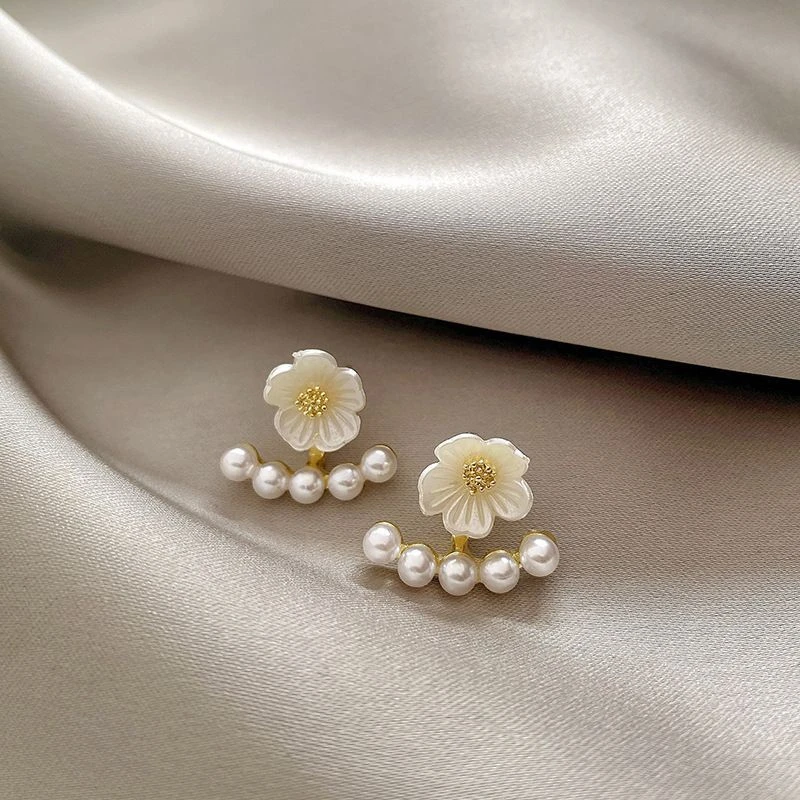 2 in 1 White Flower Stud Earringss for Women Korean Sweet Imitation Pearl Detachable Elegant Acrylic Small Earrings 2024 nw