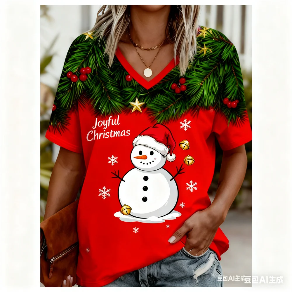 

Christmas Women's T-shirt 3D elks pattern print V-neck graphic t shirts quick-dry New Year's T-shirt tops for woman y2k Clothing