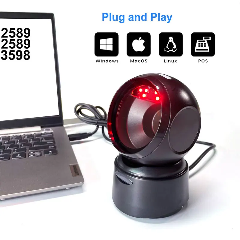 HBAPOS Desktop Omnidirectional Barcode Scanner USB Wired Hands-Free 1D 2D QR Code Reader Automatic Sense Scanning Decoder