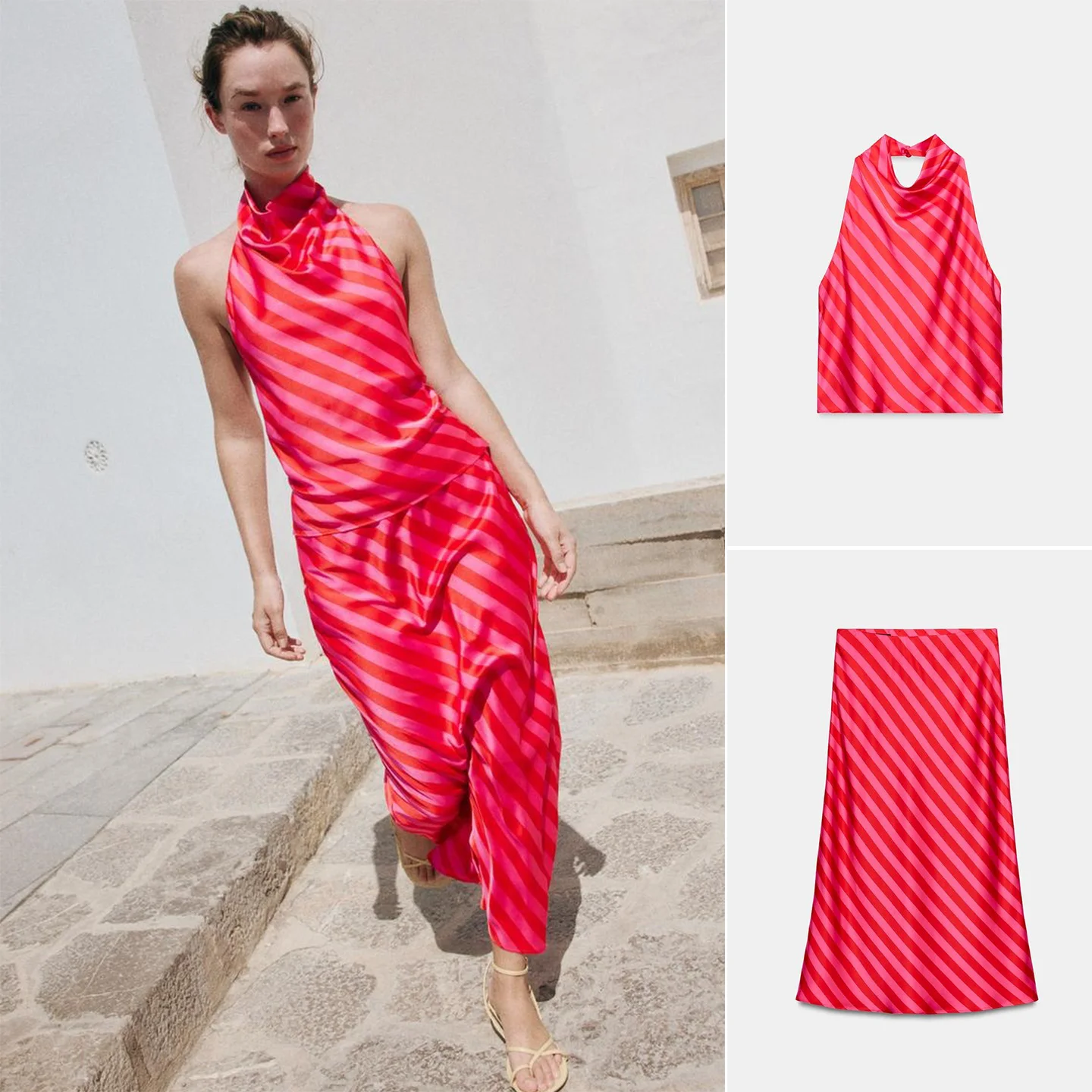 Silk Satin Texture off Shoulder Neckline Top with Elastic Waist Midi Skirt Half Body Skirt Striped Pattern Summer Fashion Set