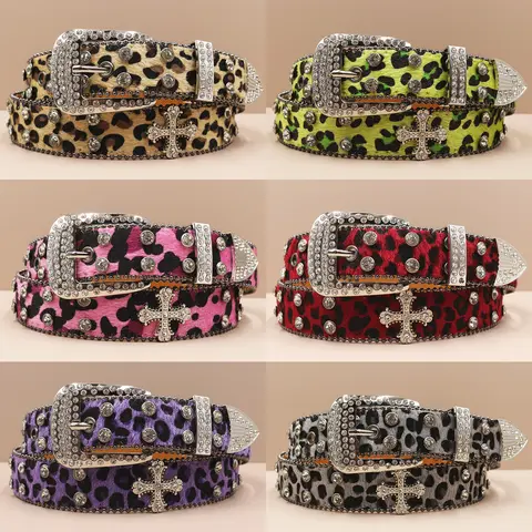 Leopard print Rhinestone Leather Belt for Men Women Large Size Belt Western Jeans Shiny Rivet Hip-hop Punk Rock Y2K Style