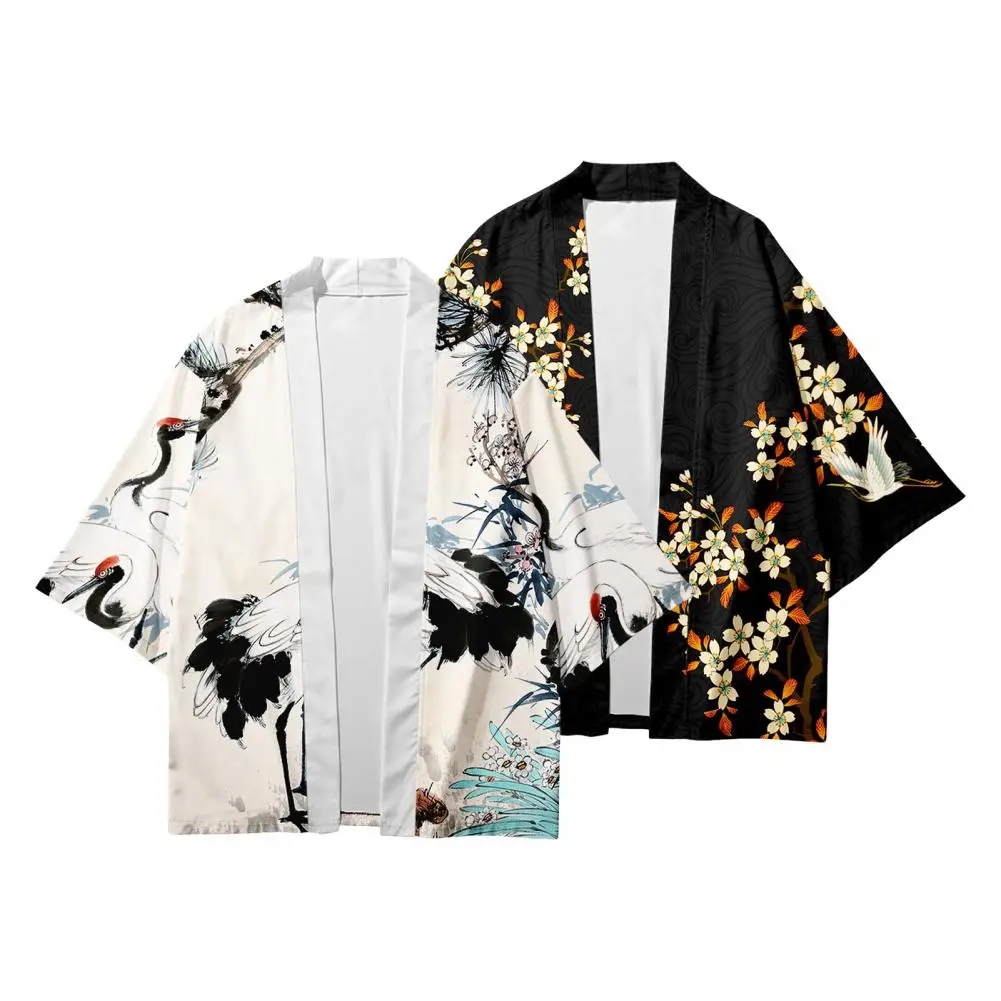 

1Pc Japanese Style Men Shirt Traditional Kimono Three Quarter Sleeve Cardigan Bird Print Loose Thin Mid Length Daily Top Coat