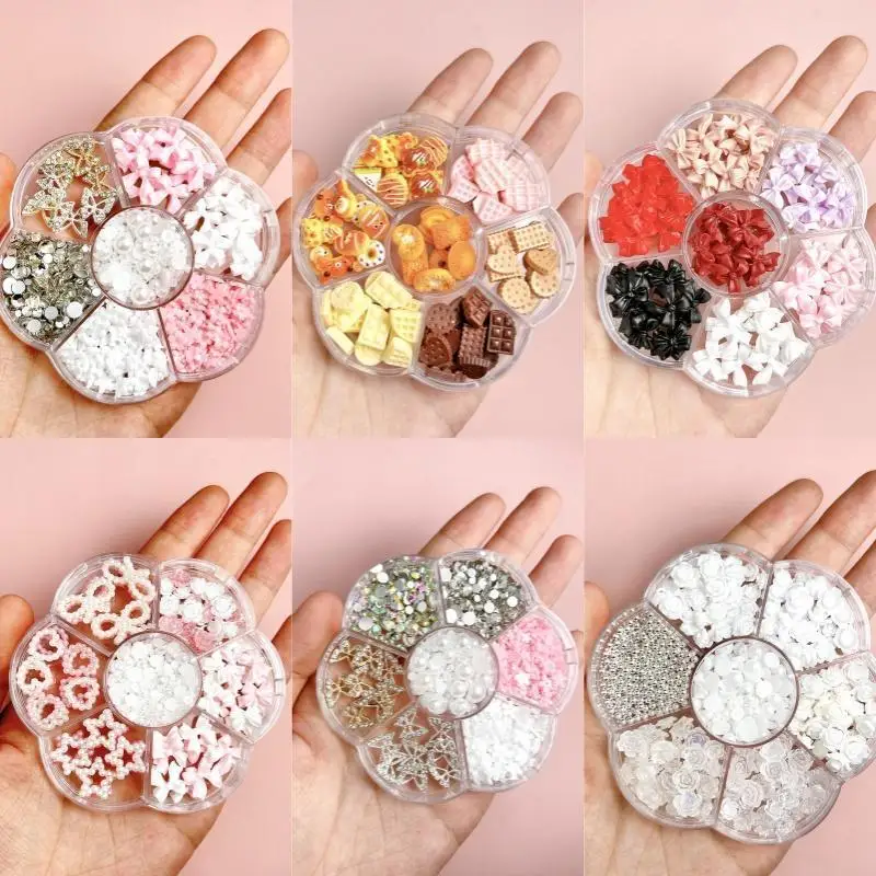 

1Box Solid Color Ribbon Bow Resin Nail Charms Simulated Biscuit Sandwich Hollowed Butterfly Nail Art Accessories for DIY Nails