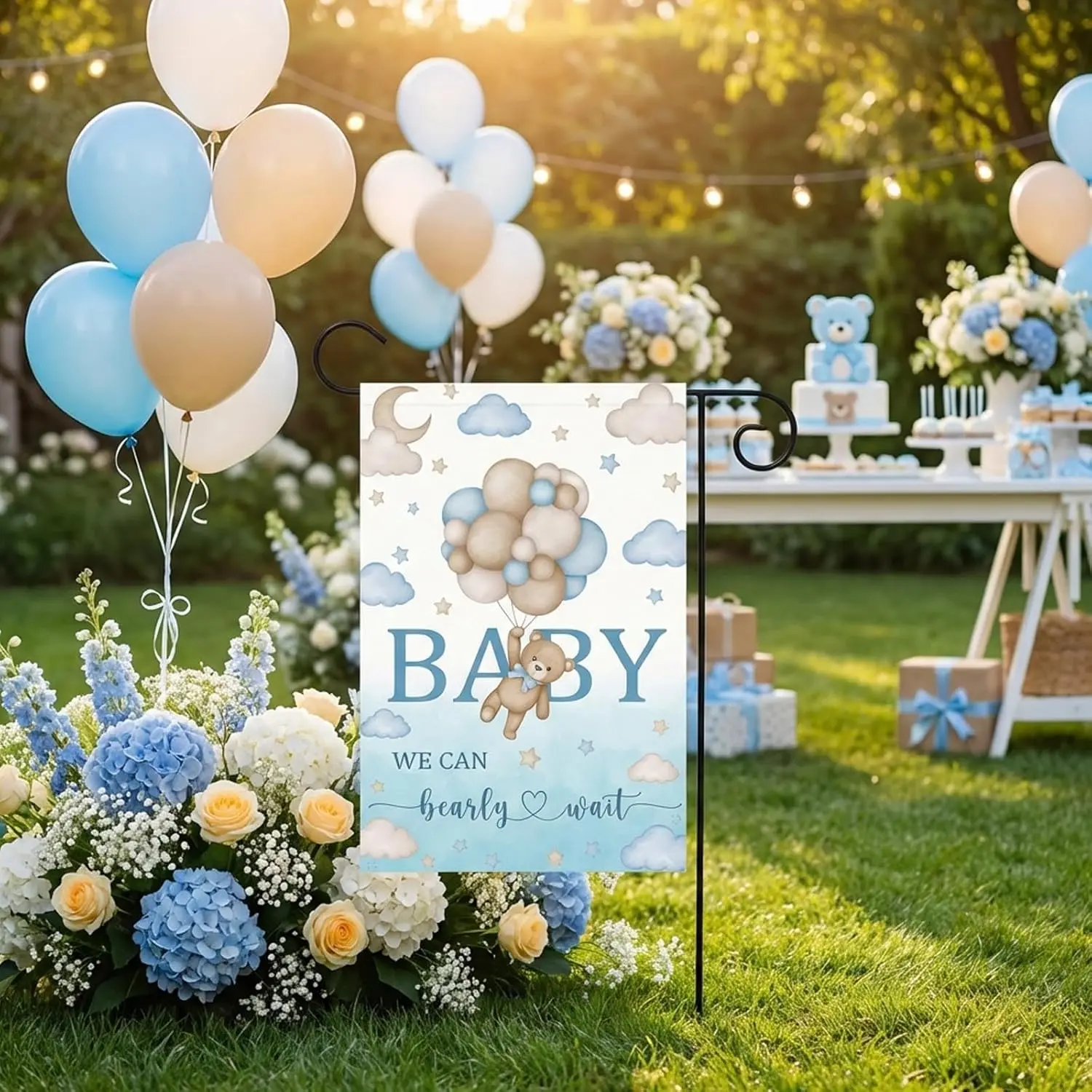 Blue Bear Baby Shower Garden Flag, 12x18 Inch Double Sided We Can Bearly Wait Baby Garden Flag, Baby Shower Birth Announceme jjp