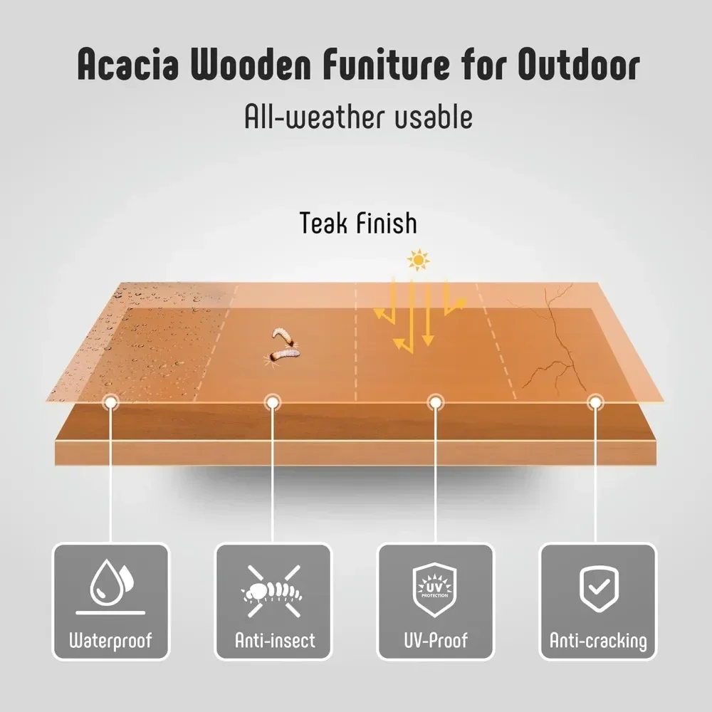 

Hot-selling4-piece outdoor patio furniture set: acacia wood sofa bench, two single chairs, and table with padded cushions