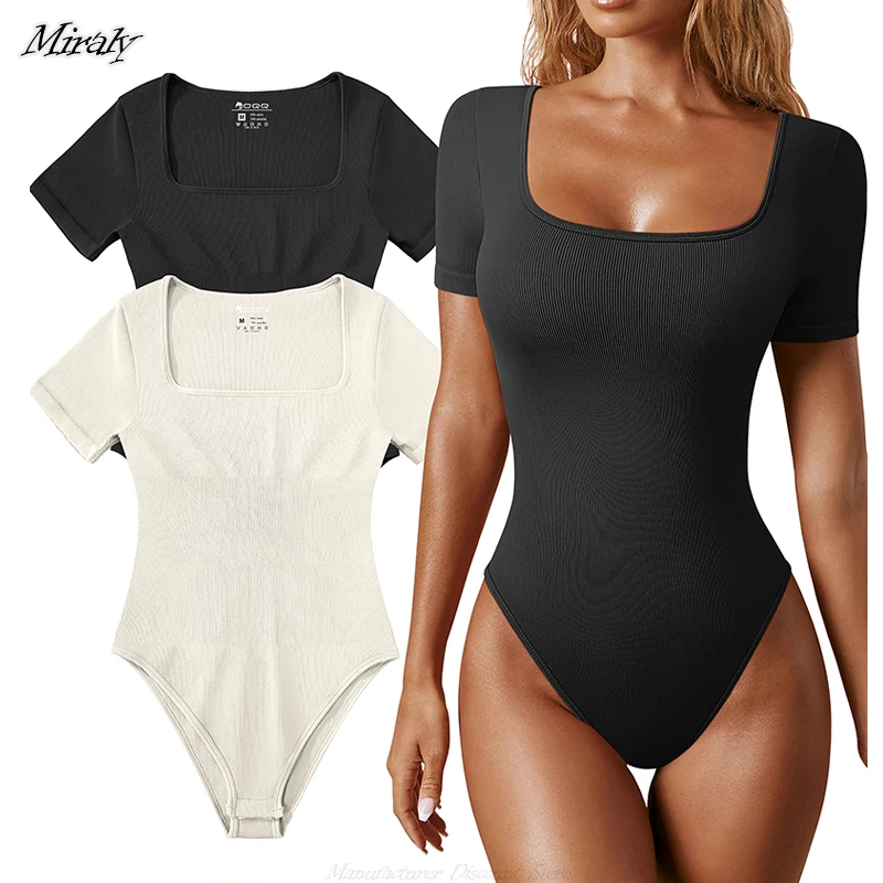 Summer Sexy Short Sleeve Ribbed Square Neck Thong Bodysuits Women Seamless Shaperwear Tummy Control Body Shapers Belly Sculpting