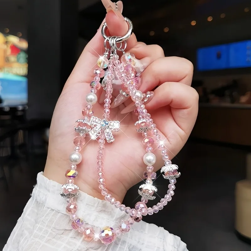 Luxury Sophisticated Beaded Crystal Phone Charm, Stylish Rhinestone Cute Bowknot Phone Lanyard, Anti-Loss,Short Handbag Chain