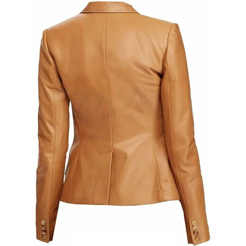 Blazer de couro feminino, outwear de festa de botão, 100% genuíno, nova chegada