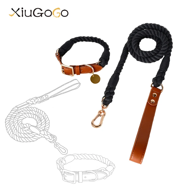 

Clear Cotton Braided Dog Leash Set Leather Pet Collar Dog Walking Rope Medium and Large Dogs