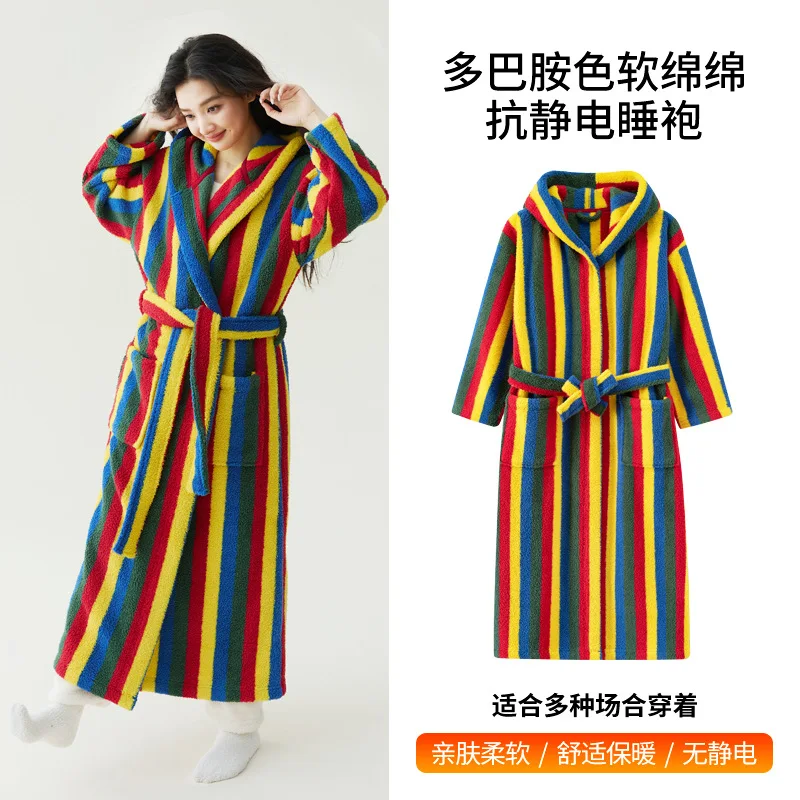 Couples Winter Warm Flannel Hooded Kimono Robe New Women And Men Lengthed Sleepwear Shower Bathrobe Gown Loungewear Nightwear