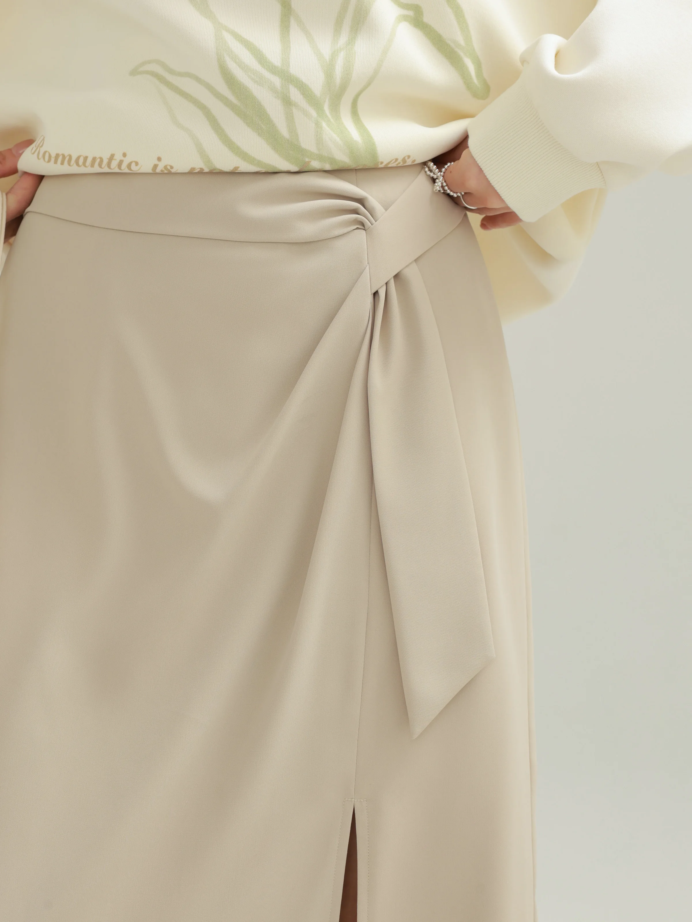 Falda caqui informal elegante, falda Midi con abertura lateral de cintura alta para mujer, falda holgada minimalista de Color sólido con lazo en la cintura para oficina Chic