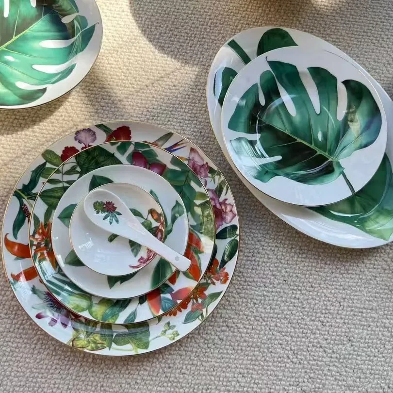 European Style Luxury Tropical Rainforest Series Bowl, Plate, Plate, Spoon Combination Tableware Set, 36 Head 6-person Set