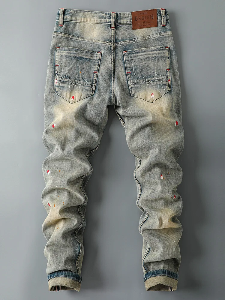 アメリカンレトロジーンズ メンズ 2025年新作 スモールフィット イエローマッド染め ダメージ加工 カジュアル ノスタルジック ロングパンツ