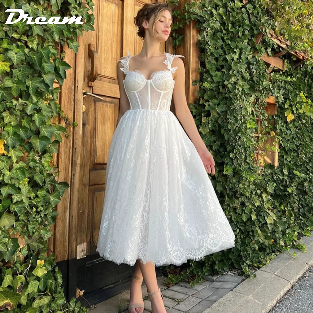 

DREAM Customized Lace Butterflies Short Wedding Dress 2024 Tea-Length Sleeveless Spaghetti Straps Bridal Gowns A Line Lace Up