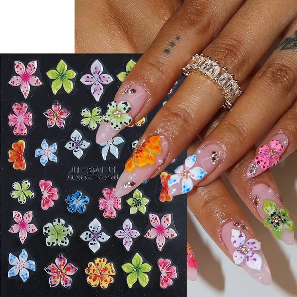 5D Relief Leopard Hibiscus Flowers Nail Stickers Elegant Petals Sliders For Nails Colorful Flowers Self-Adhesive Manicure Decals