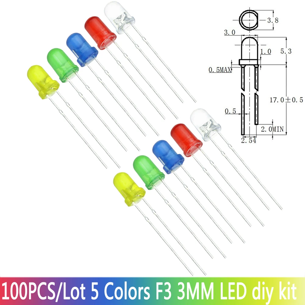 100PCS 3mm 5mm LED Light Emitting Diodes 5 Colors Electronic Components Red Green Blue White yellow Color DIY Kit LED Light