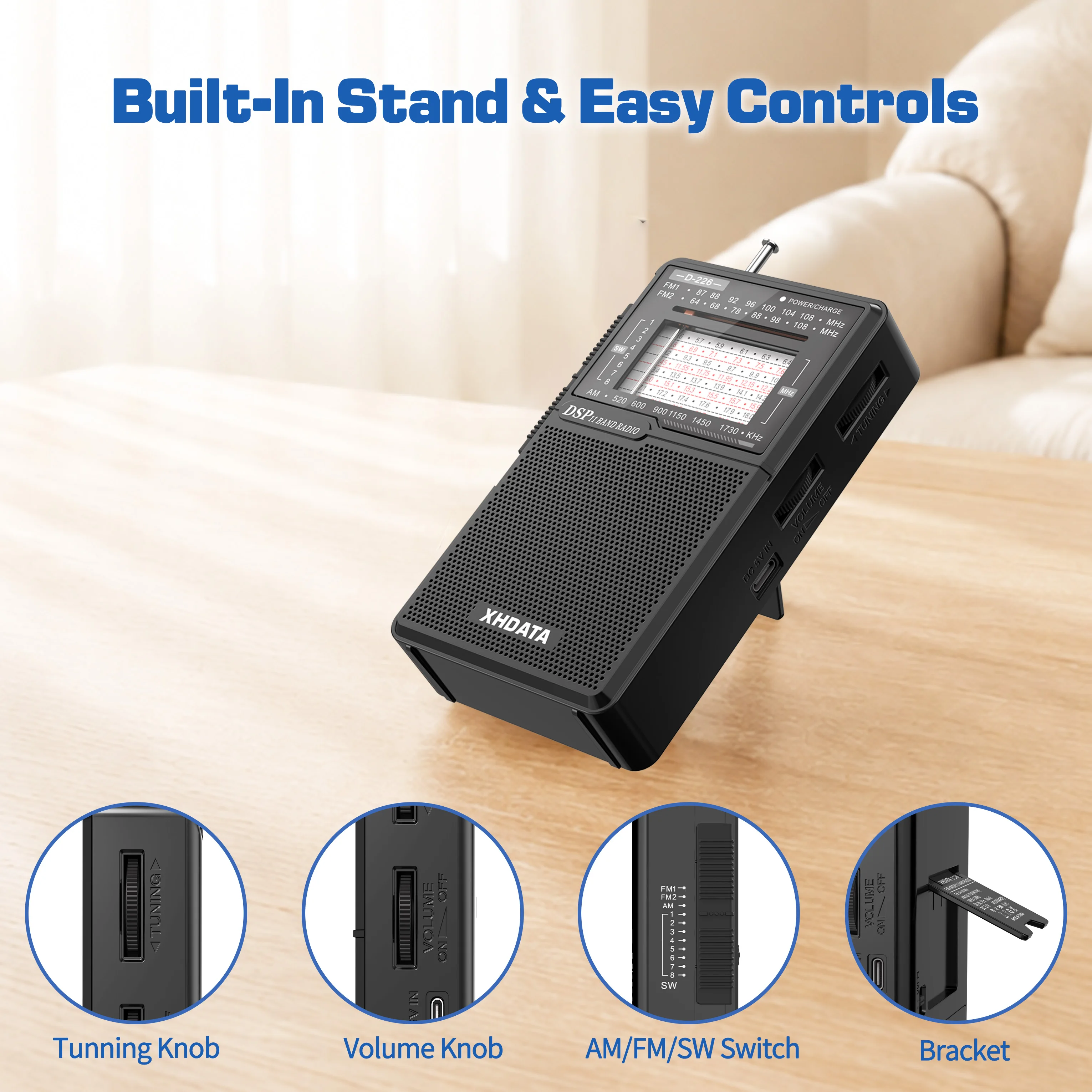 XHDATA New D226 Portable DSP Radio AM FM SW Worldwide Receiver USB C & Battery Flashlight Emergency Survival For Outdoor Camping