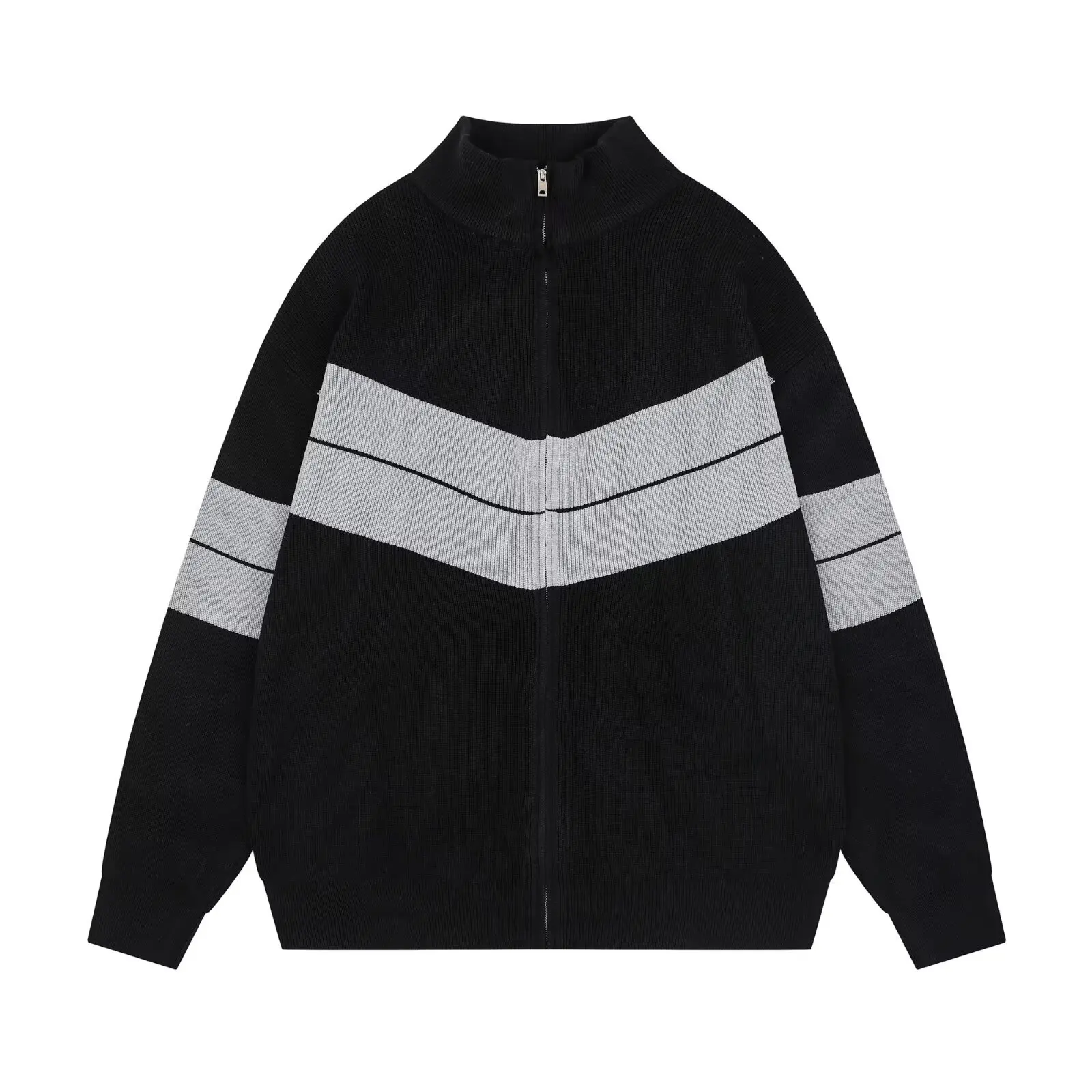 Maglione cardigan con zip e colletto rialzato coreano a contrasto Cappotto cardigan lavorato a maglia a righe con cerniera ampia autunno e inverno