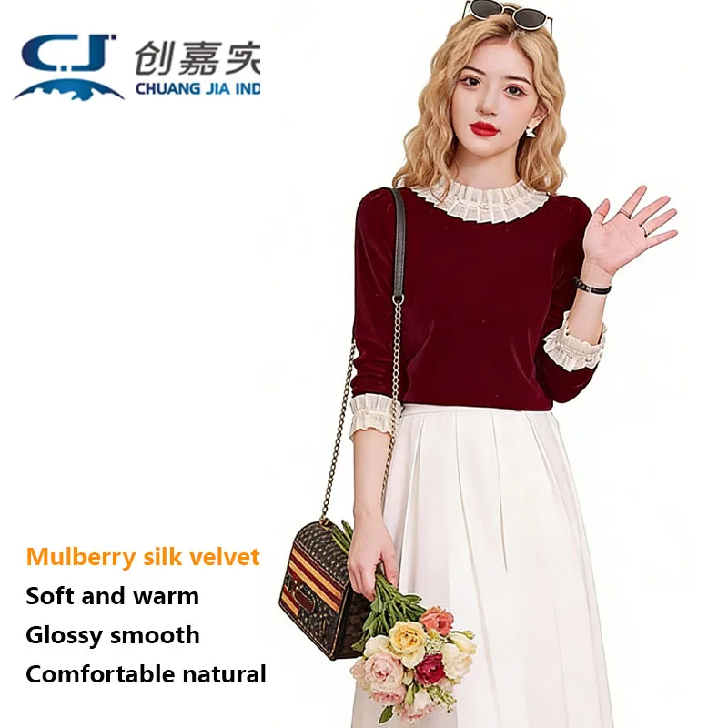 Luxurious Silk Velvet Women's T-shirt with Color-blocked Polo Collar, Fashionable Women's Clothing, Comfortable Breathable Top
