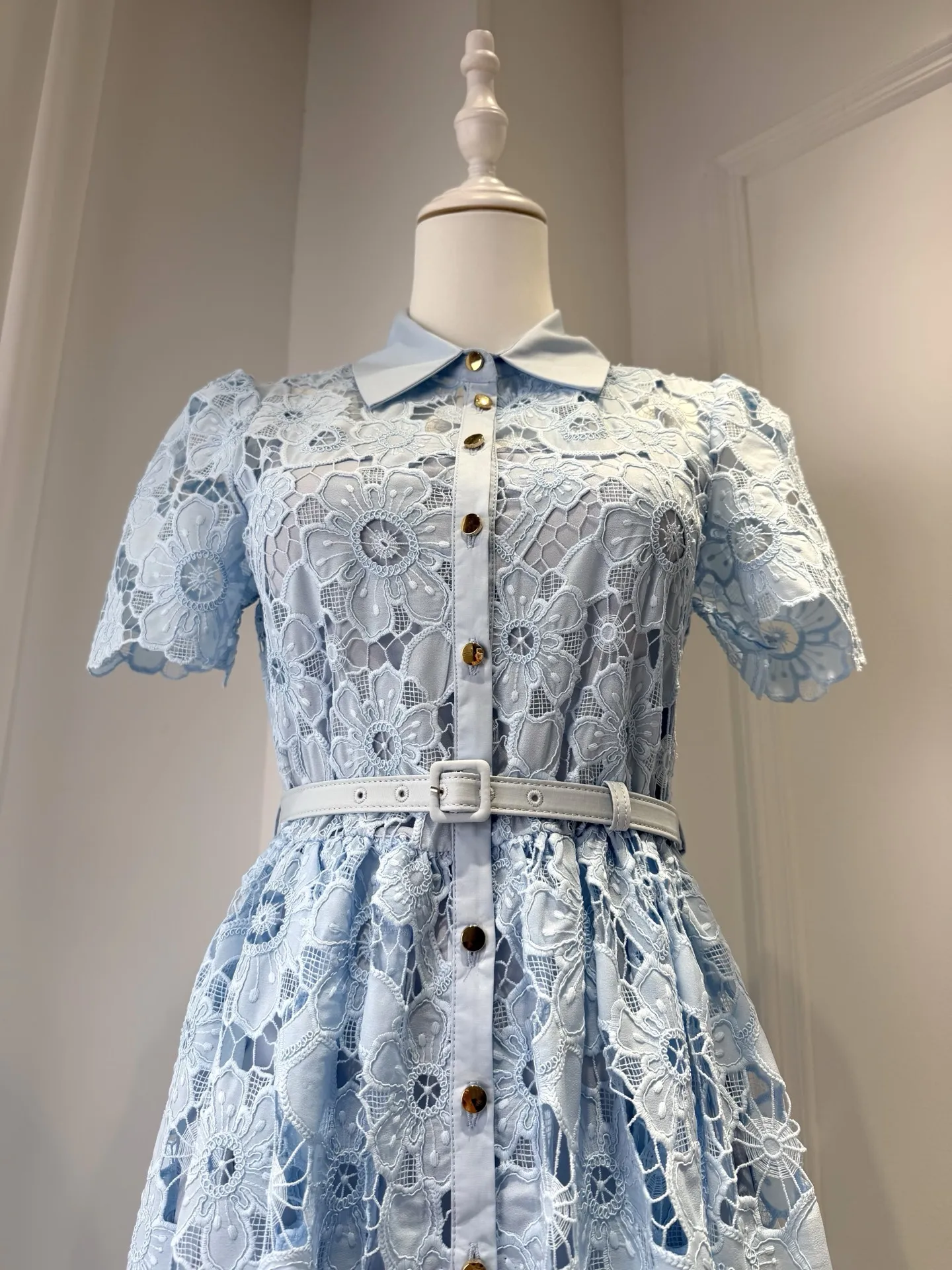 Summer 2026 Lace Embroidery Women Blue Midi Robe Turn-down Collar Short Sleeve Single Breasted Fashion Ladies Dress with Belt