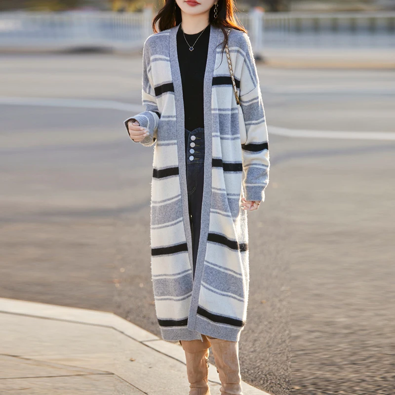 

Long Striped Cardigan 100% Merino Wool Women's Long Coat Autumn Fashion Loose V-neck Long Cardigan Knitted Women's Clothes