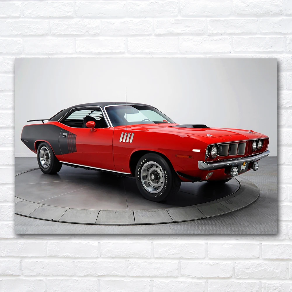 1971 Plymouth Classical Car Canvas Painting Red Supercar Poster & Print Wall Art Picture for Living Room Bedroom Decor