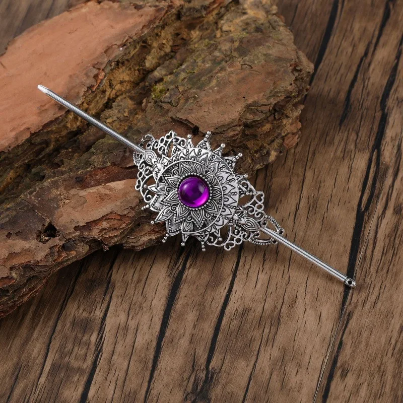 

Изысканная готическая ретро-заколка для волос в стиле викингов с фиолетовыми имитациями драгоценных камней, многофункциональный модный аксессуар для волос